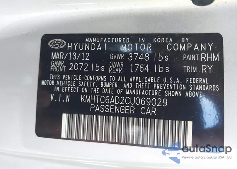 2012 Hyundai Veloster Base W/Black z USA, uszkodzony, nr VIN KMHTC6AD2CU069029